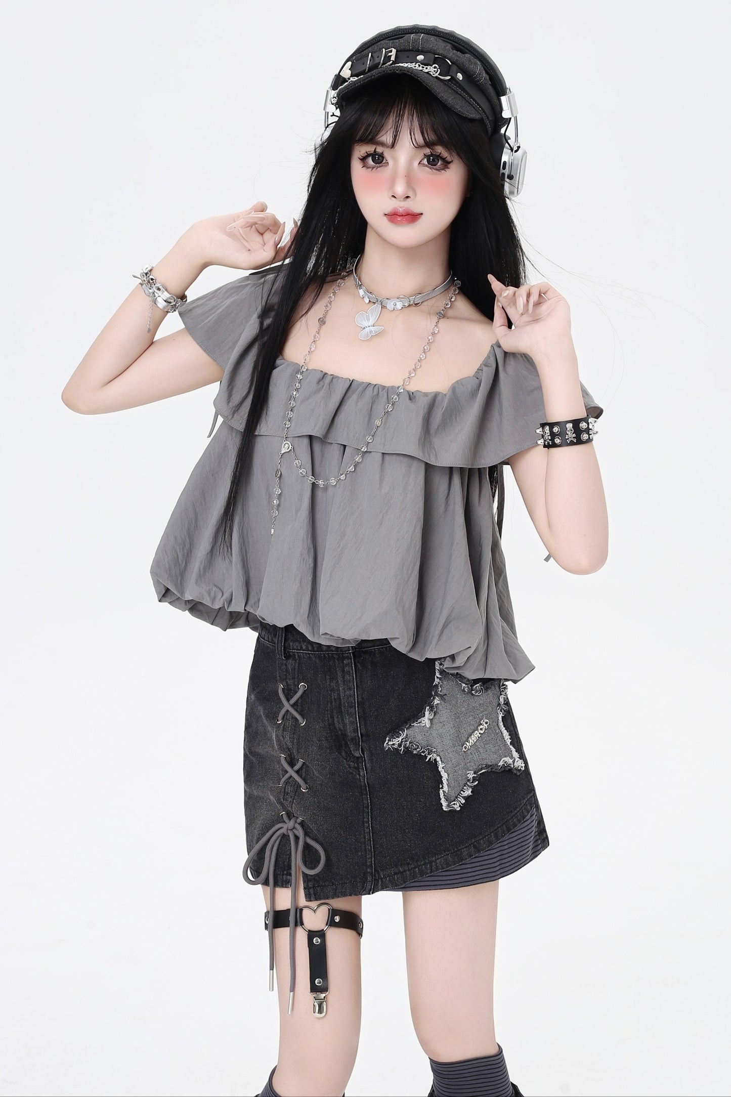 3-Style One-Shoulder Drawstring Top & Skirt