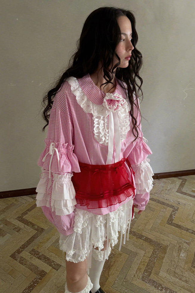 Camisa de patchwork con cuadrícula rosa muñeca