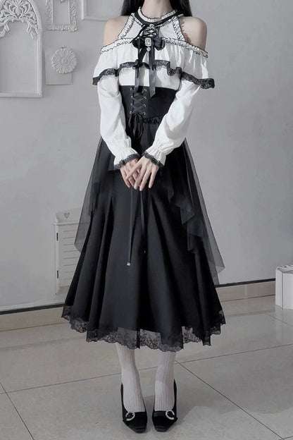 [Pre-order Deadline: October 30] Elegant Gothic White and Black Lace Off-Shoulder Long-Sleeve Ribbon Frill Blouse + Black Layered Lace Long Skirt