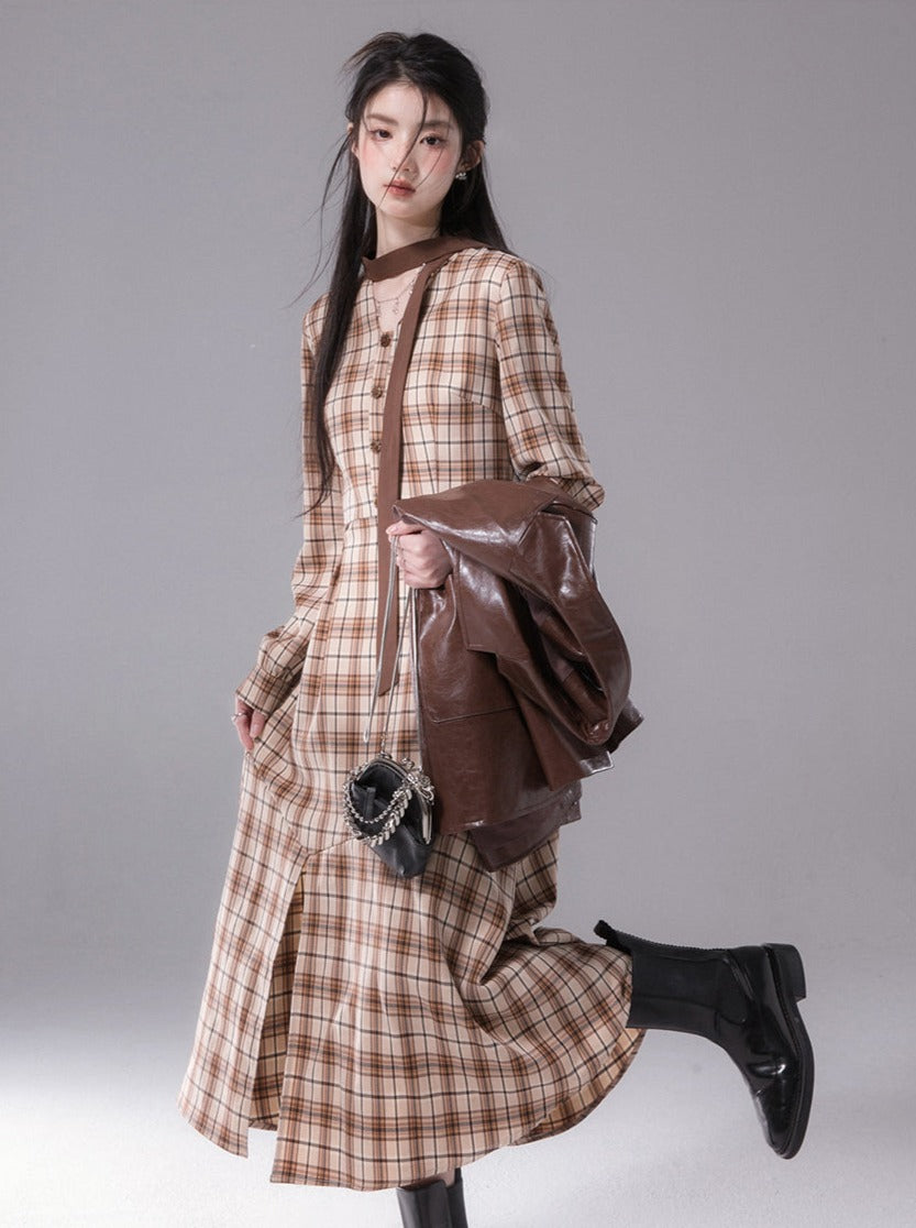 Maple Sugar Check Slit Fishtail Dress