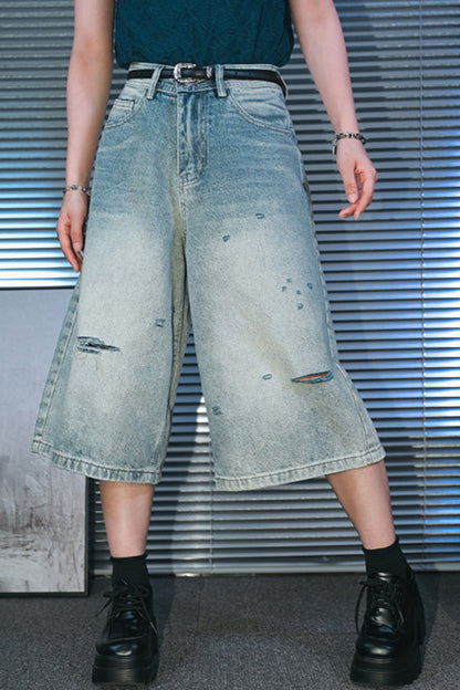 ダメージハーフデニムワイドレッグパンツ