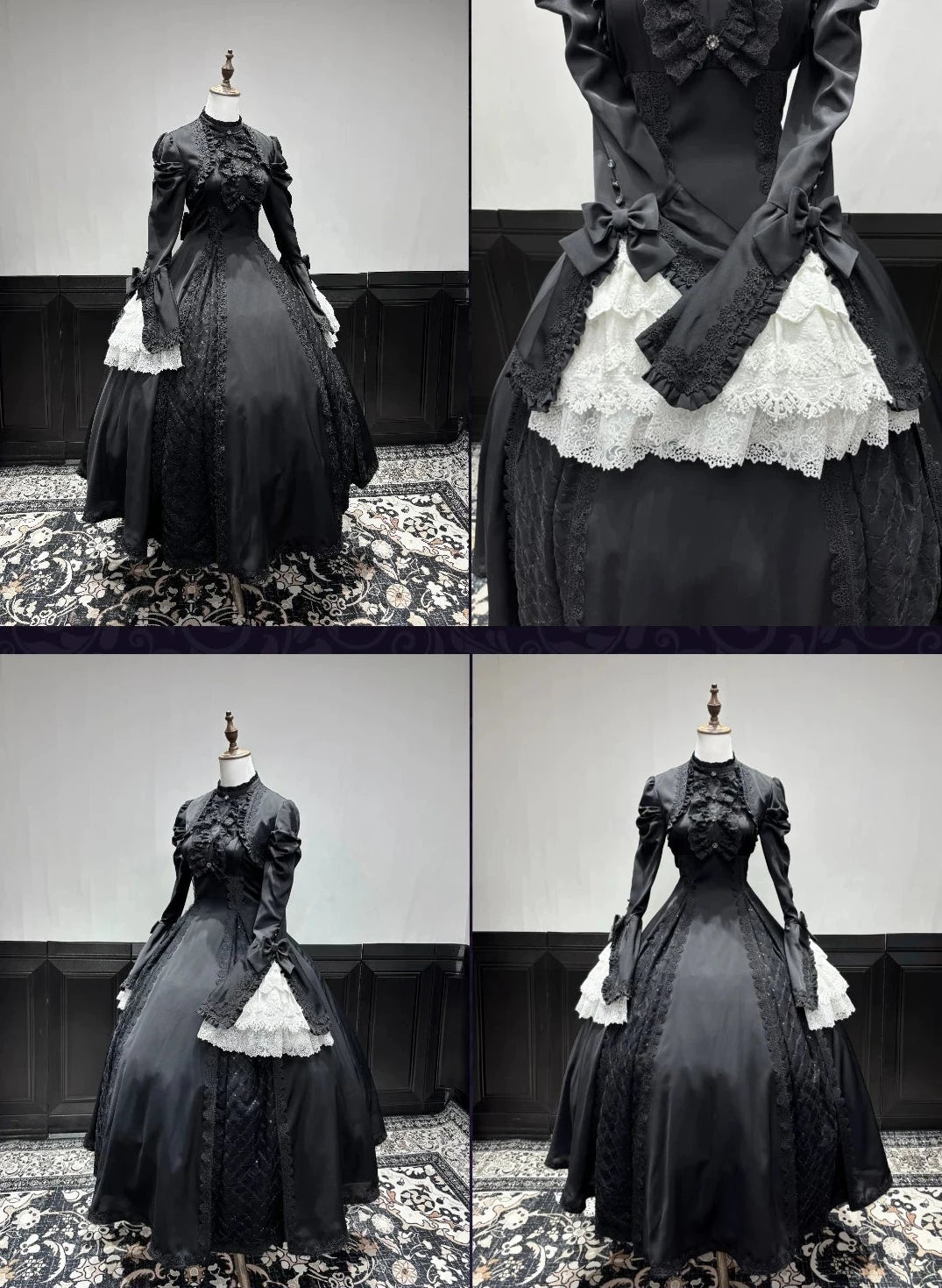 [Pre-order Deadline: November 6] Black and White Gothic Widow Lace Princess Sleeve Faux Two-Piece Long Dress