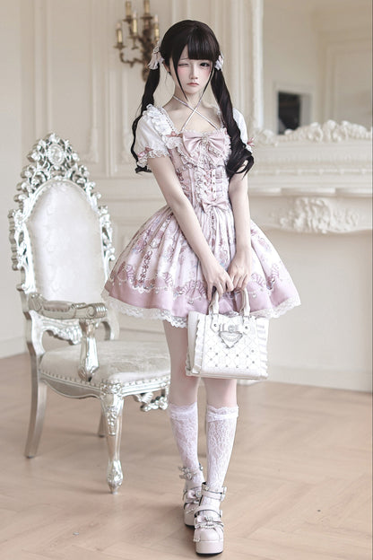 【6月15日予約締切】ロマンティックフローラルピンクレースアップジュエルリボンドレス