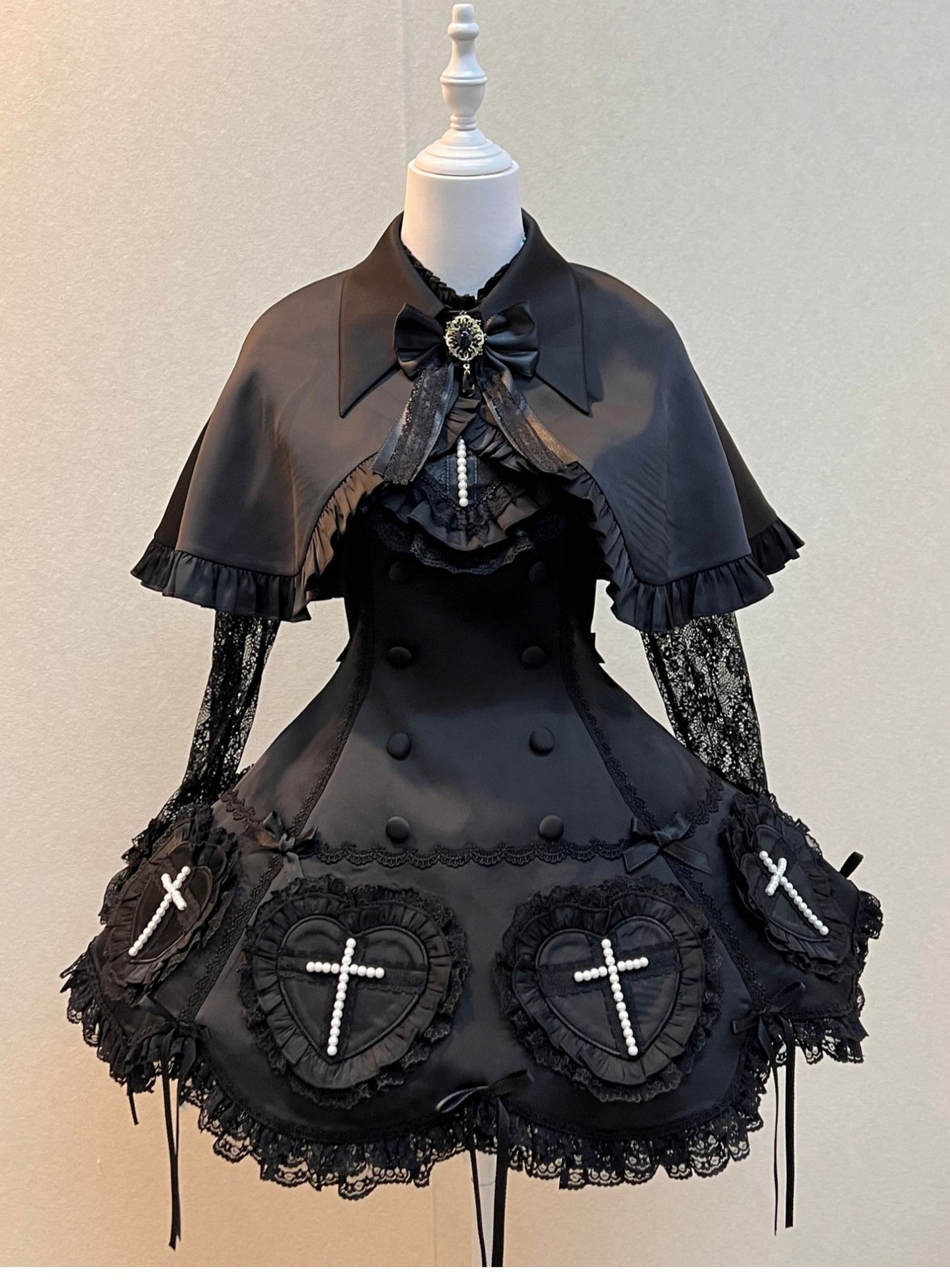 【12月6日予約締切】Night Crossダークエレガントゴシックロリータジュエルリボンケープ＋ショートドレス