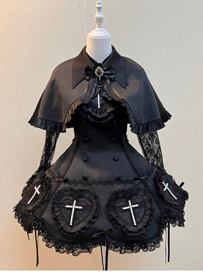 【12月6日予約締切】Night Crossダークエレガントゴシックロリータジュエルリボンケープ＋ショートドレス