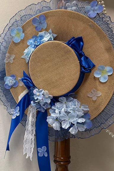 【9月29日予約締切】Blue Floral Print And Embroidered Elegant Lolita Series Accessories（Blue Floral Ribbon Lace Straw Hat/Choker/Two embroidered ribbons to attach to the overskirt）