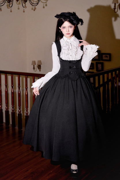 [Reservations] Dark Gothic Doll Long Suspender Lolita Skirt + Big Ribbon Tail + Ruffle Shirt + Ruffle Collar