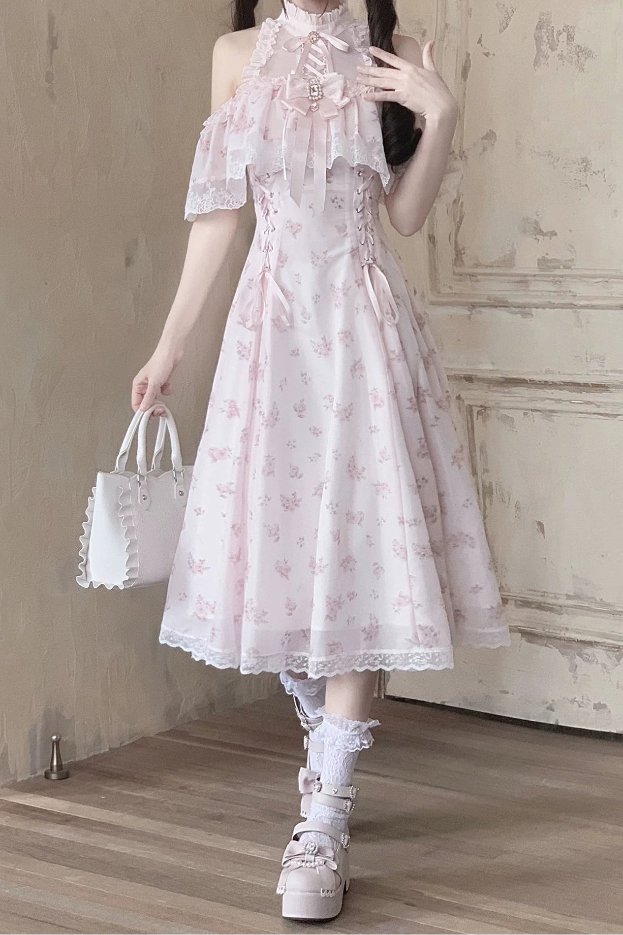 【6月15日予約締切】ピンクフローラルシフォンレースジュエルリボンオープンショルダーロングドレス