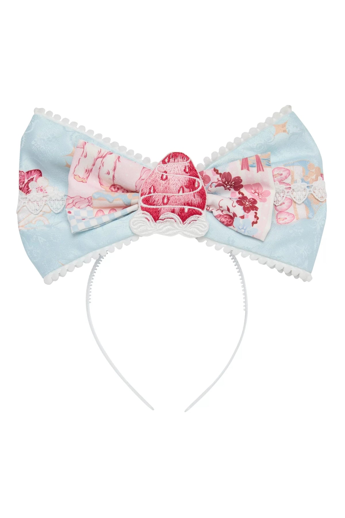 【10月21日予約締切】Pink/Blue Lamb Ear Headband With Detachable Ribbon + Strawberry Embroidered Ribbon KC