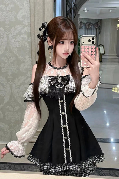 [Pre-order Deadline: November 15] Black and White Gingham Cold-Shoulder Long-Sleeve Lace Dress + Shorts + Bow Tie Set