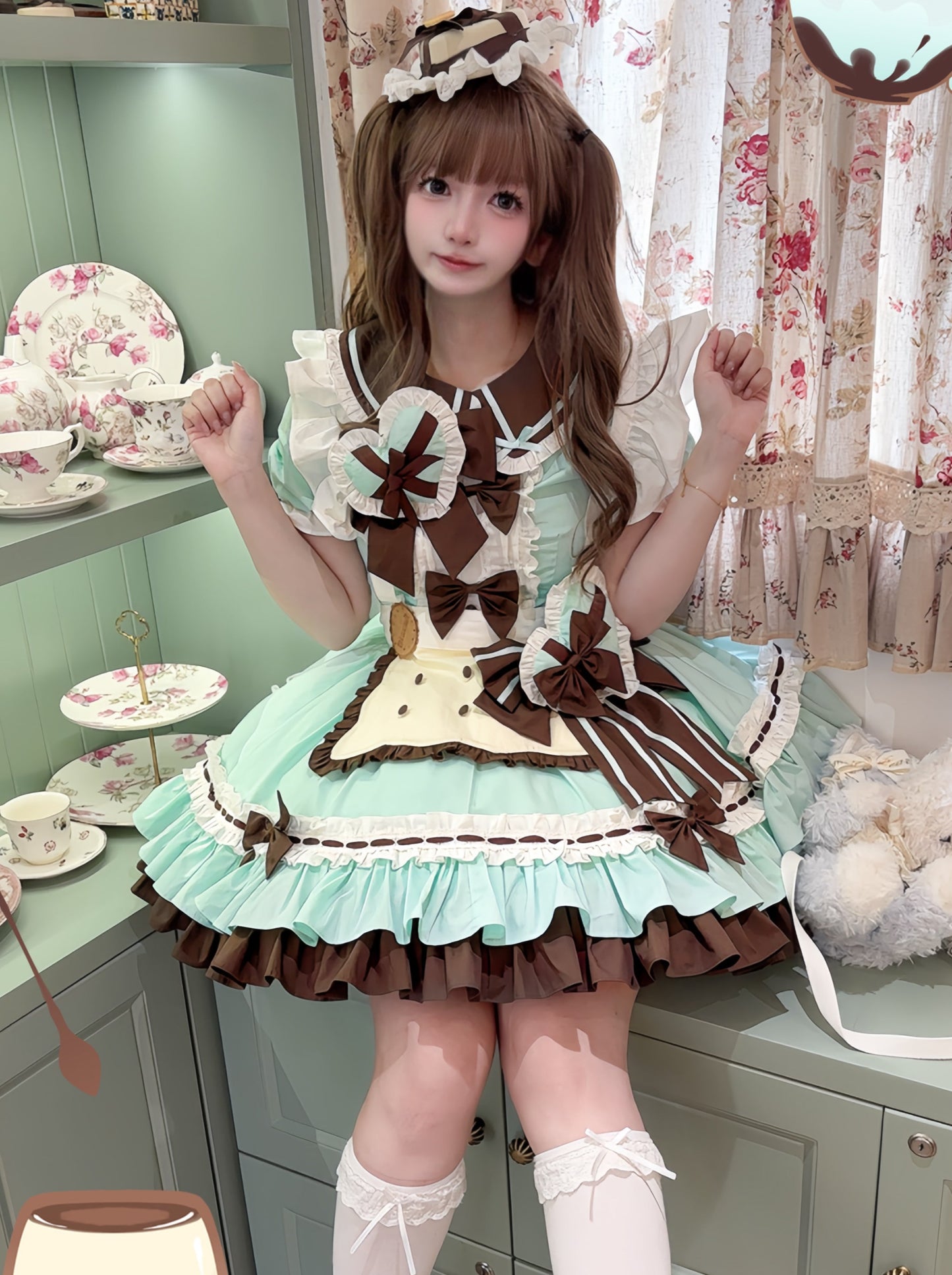 【予約商品】クッキーミントチョコレートアプリコットパウダーラブ キュートメイドロリータドレス