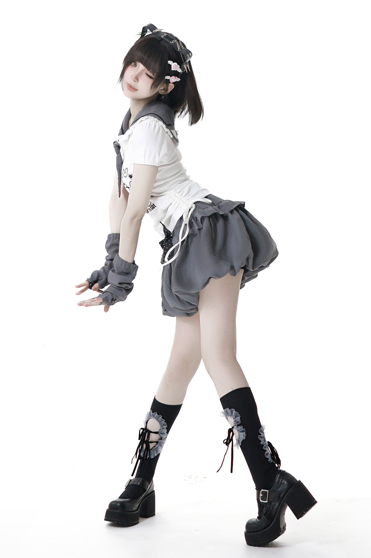 セーラーカラートップス＋バルーンスカート