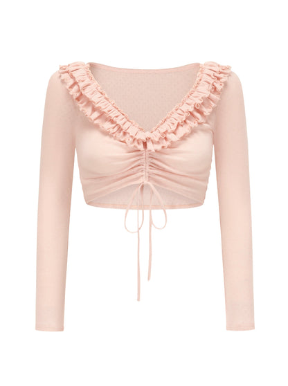 Ribbon cardigan + ruffle top + neck camisole + ruffle skirt