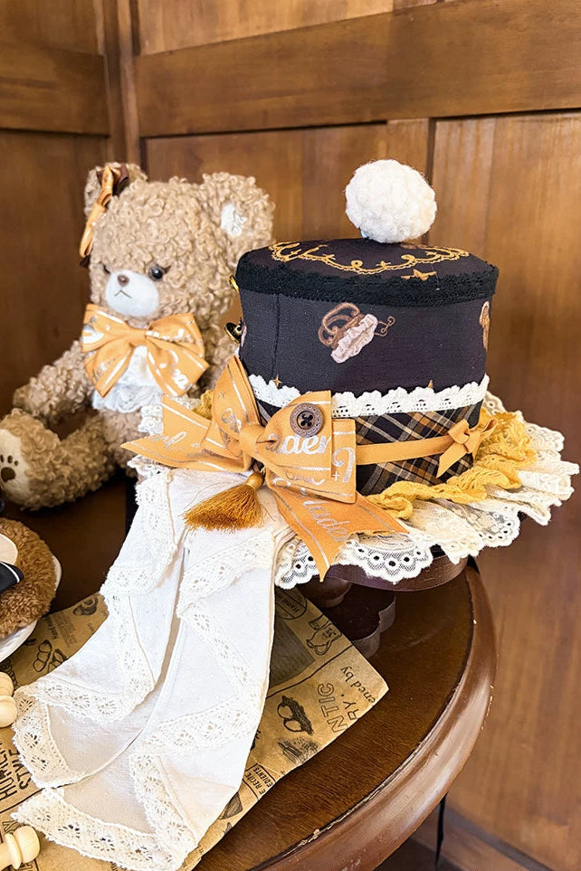 【9月8日予約締切】Vintage Teddy Bear Classic Lolita Series Accessories（Black Hat With Ribbon Train / Mini Hat &amp; Bear Ear KC With Ribbon Decoration / Bear Ear Bonnet / Brown Bear Brooch / Bear Embroidered Brooch）