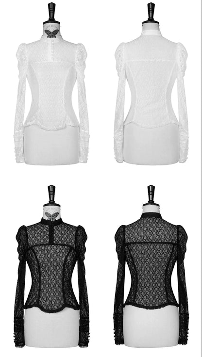 [Vorbestellschluss: 10. Monat, 14. Tag] Schwarz/Weißes Gothic-Lolita-Innentop aus transparenter Spitze mit langen Ärmeln