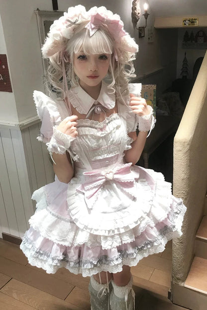 [Pre-Order] Pink Sweet Lolita Ruffle Maid Dress Set (Detachable Collar with Bells + Waist Apron with Ribbon + Back Ribbon + Leg Rings)