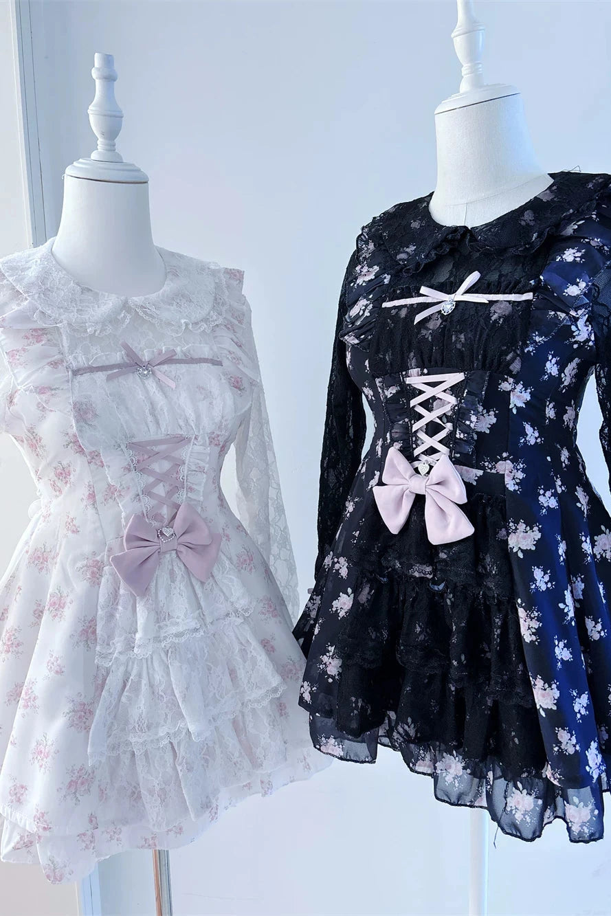 【10月28日予約締切】Pink/White/Black/White 4-Piece Set: Floral Tiered Lace Long-Sleeve Dress + Shorts + Pair of Ribbon Hair Clips + Bow Tie