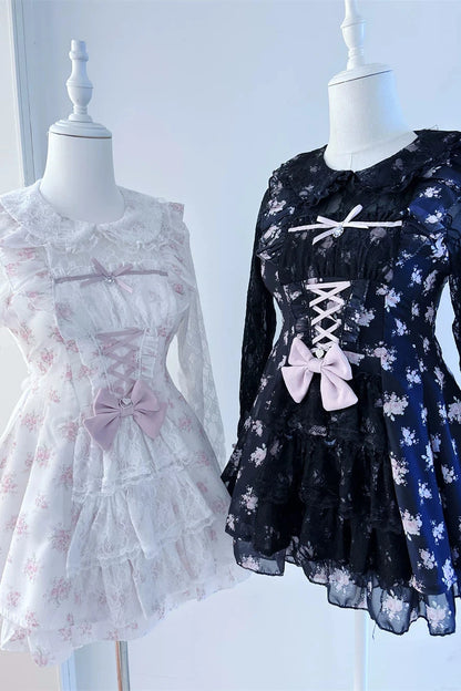【10月28日予約締切】Pink/White/Black/White 4-Piece Set: Floral Tiered Lace Long-Sleeve Dress + Shorts + Pair of Ribbon Hair Clips + Bow Tie