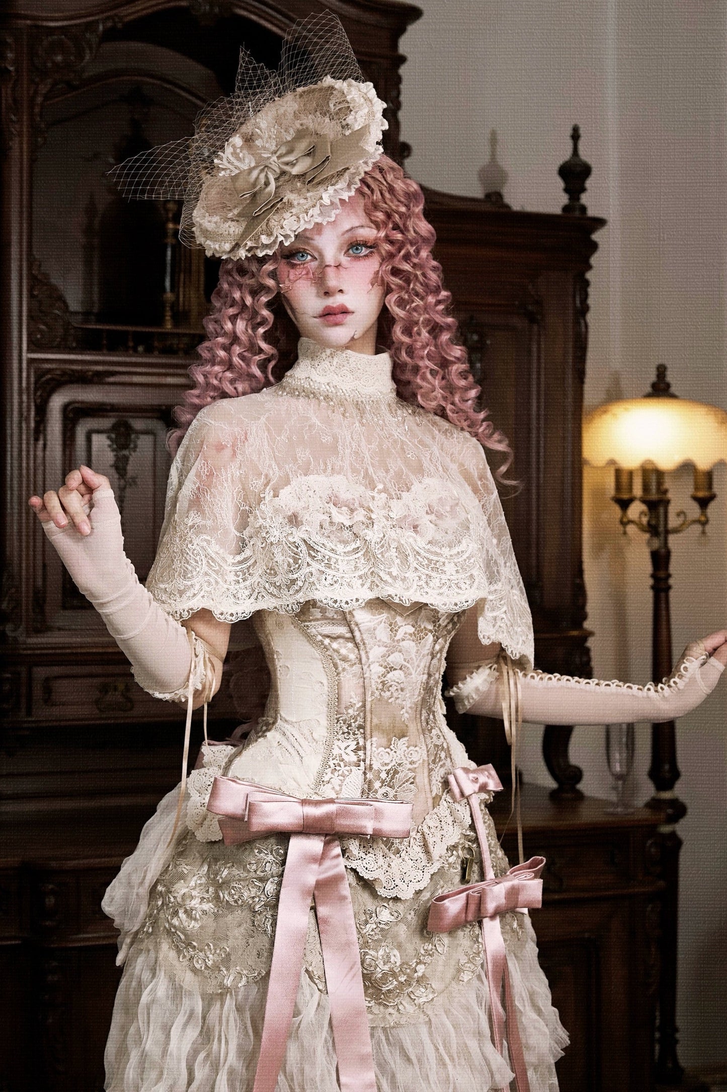 French Rococo Elegant Rabbit Ear Cap + Mesh Flat Cap + Mesh Bow Cap