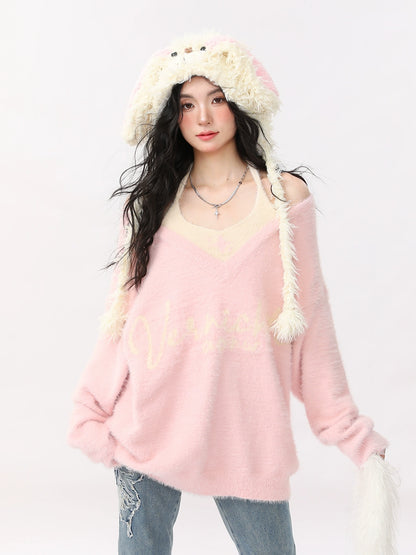 Soft Loose V-Neck Sweet Lazy Style Faux Two Piece Knit Sweater