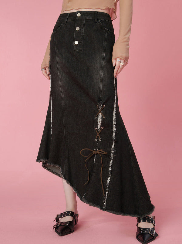 Asymmetrical slit ribbon denim skirt