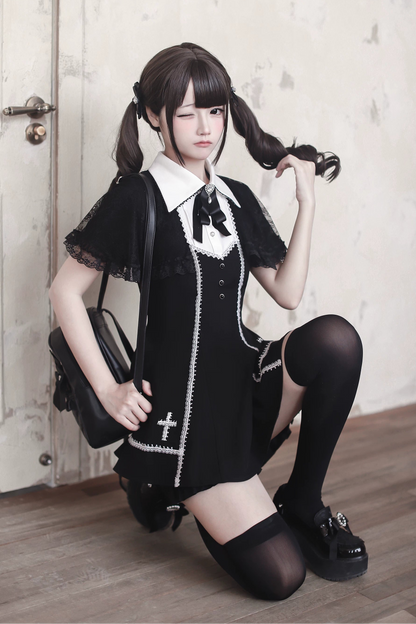 【4月29日予約締切】ブラックゴシックケープスリーブクロスディテールリボンカラードレスセットアップ