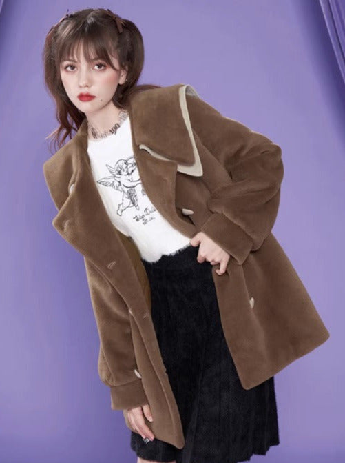 Brown Lapel Short Loose Warm Fur Coat