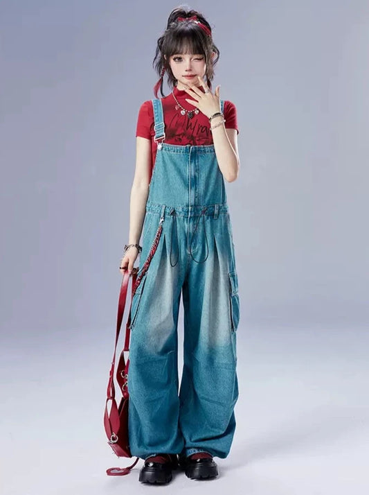 11SH97 Multi-Pocket Drawstring Denim Bib Women's Summer Design Sense Fashion Loose Straight One-piece Cargo Pants