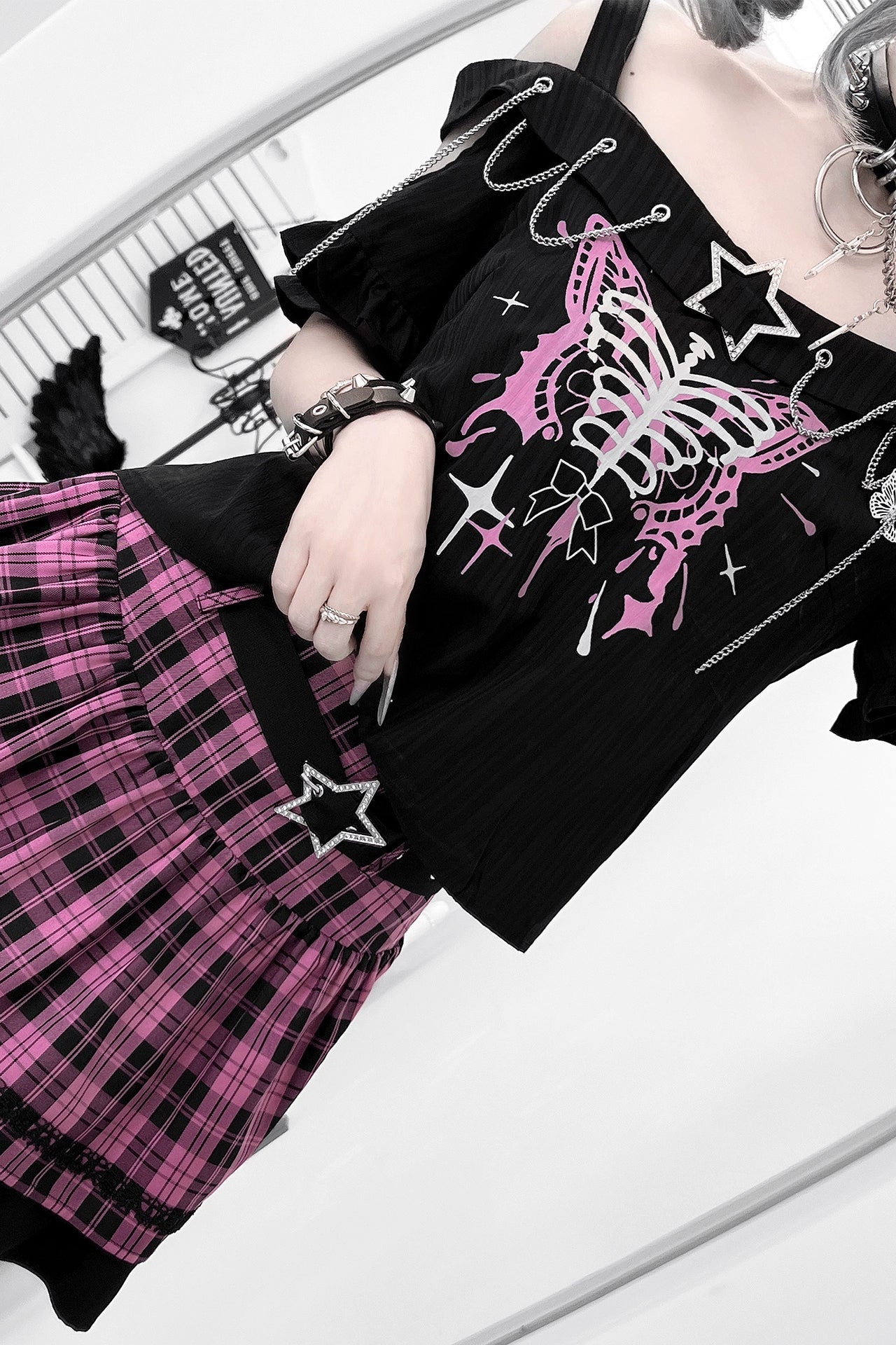 サブカルチャースウィートクールトップス＋チェックスカート