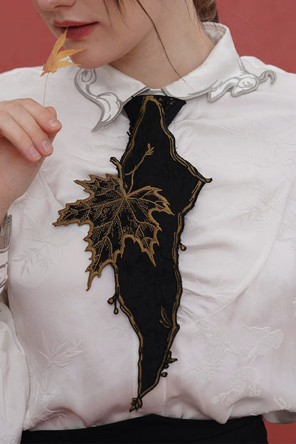 Kamo Original Retro Chinese Style Embroidered Shirt Tie Women's Decoration Casual Super Beautiful Autumn Maple Leaf Niche