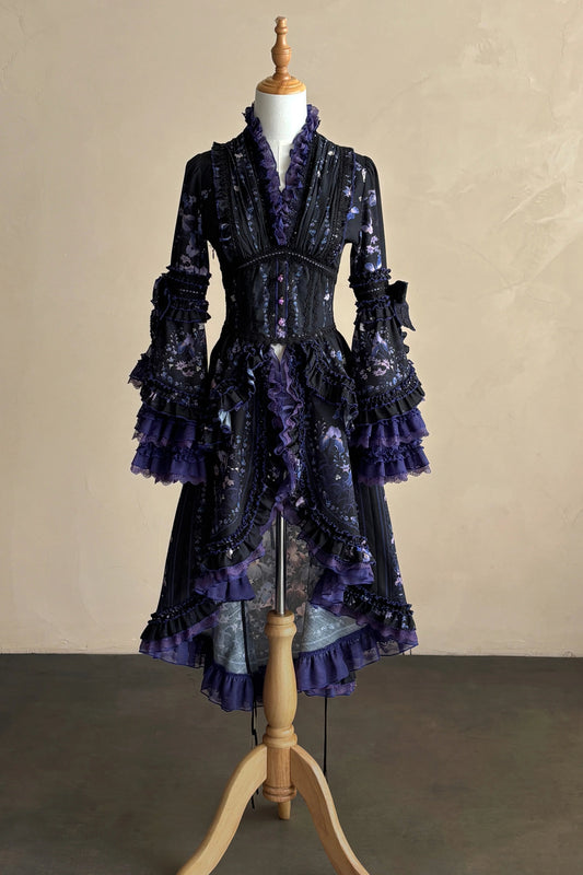 【9月13日予約締切】Purple Floral Print High-Low Hem Gothic Lolita Bell Sleeve Layered Ruffle Dress Top