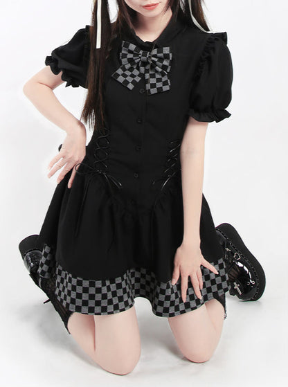 Puff Sleeve Check Ruffle Ribbon Dress