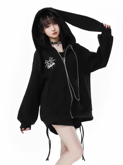 Spider Web Rabbit Ear Chain Strap Hoodie + Slim Suspender Dress