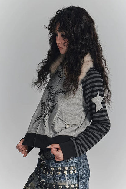 ファーカラーーパッチワークショートジャケット