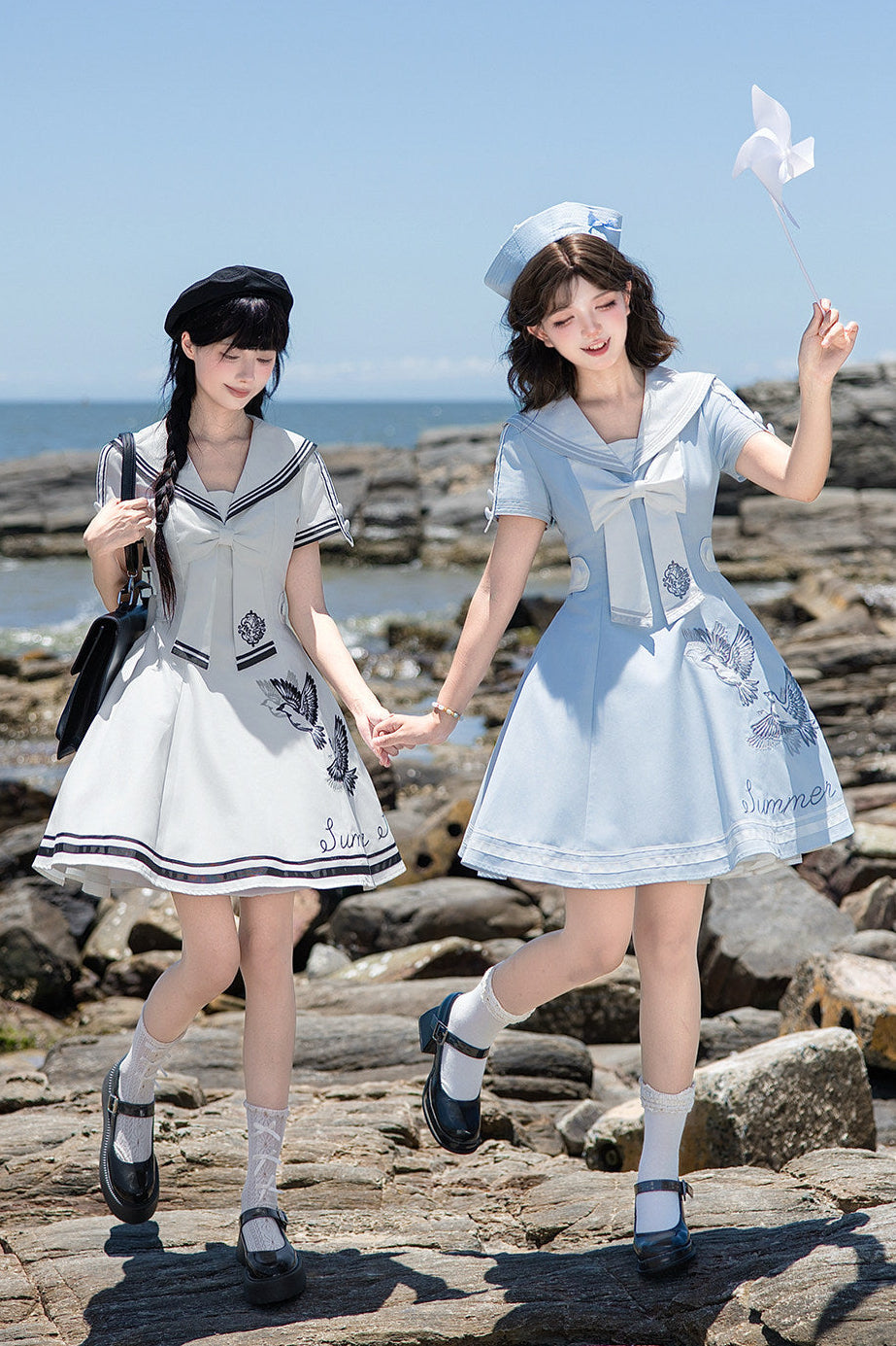 【10月1日予約締切】Blue/White Sailor Collar Bird Embroidery Lolita Bow Dress