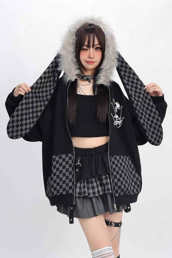 Fur Check Rabbit Hooded Parka