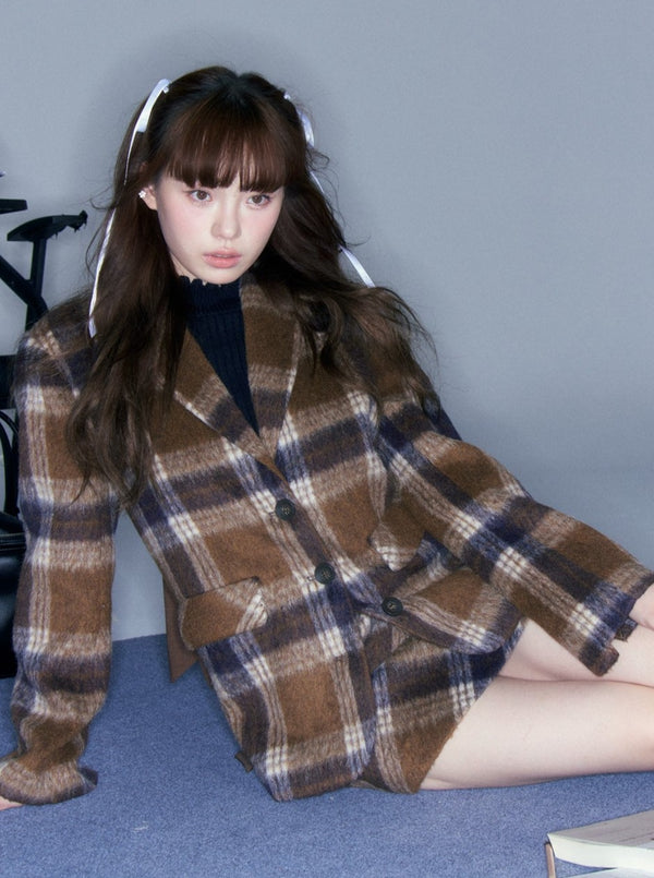 Caramel Check Bag Ribbon Jacket + Tight Skirt