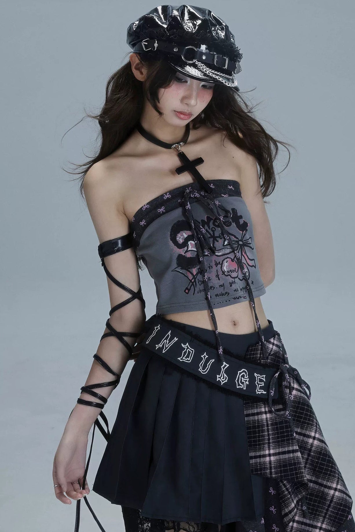 Y2Kパッチワークプリンテッドチューブトップ