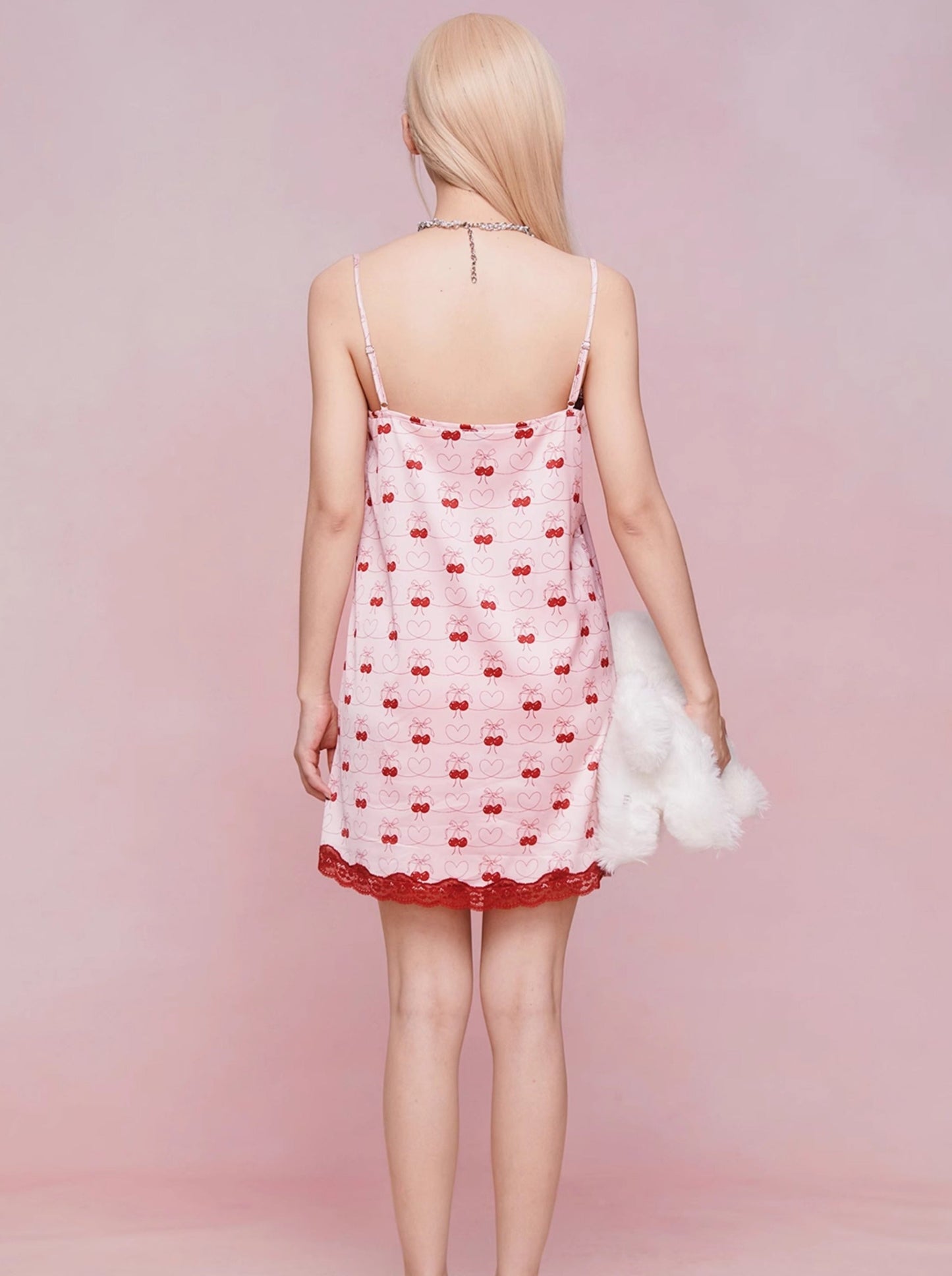 GirlyFancyClub 체리파이의 여름 여성스러운 프린트 새틴 원피스 레이스 슬립 나이트 드레스