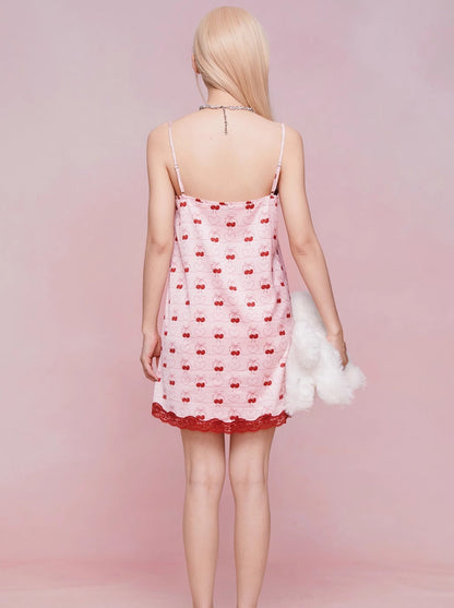 GirlyFancyClub Cherry Pie's summer girly print satin dress lace slip nightdress