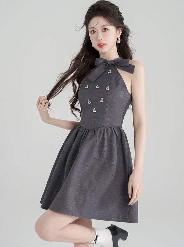 High End Sleeveless Jacquard Gray Halter Neck Dress