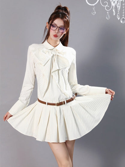 Retro Stripe High Waist Pleated Shirt Dress