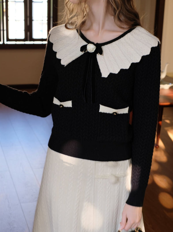 French Color Block Wave Lapel Ribbon Retro Sweater Cardigan