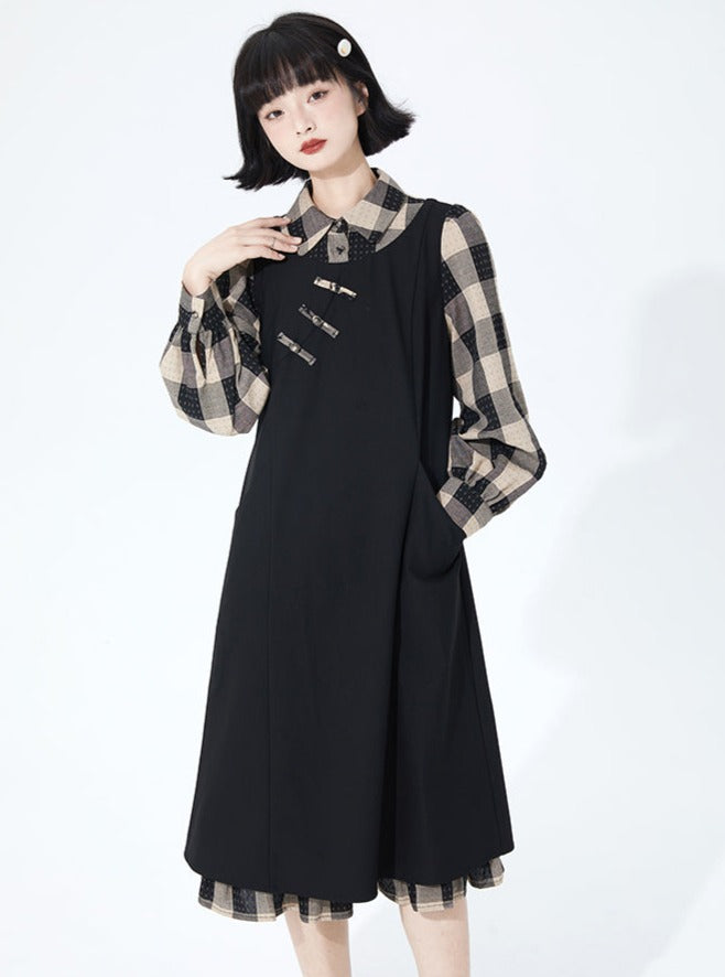 Lantern Sleeveless Lapel Check Dress