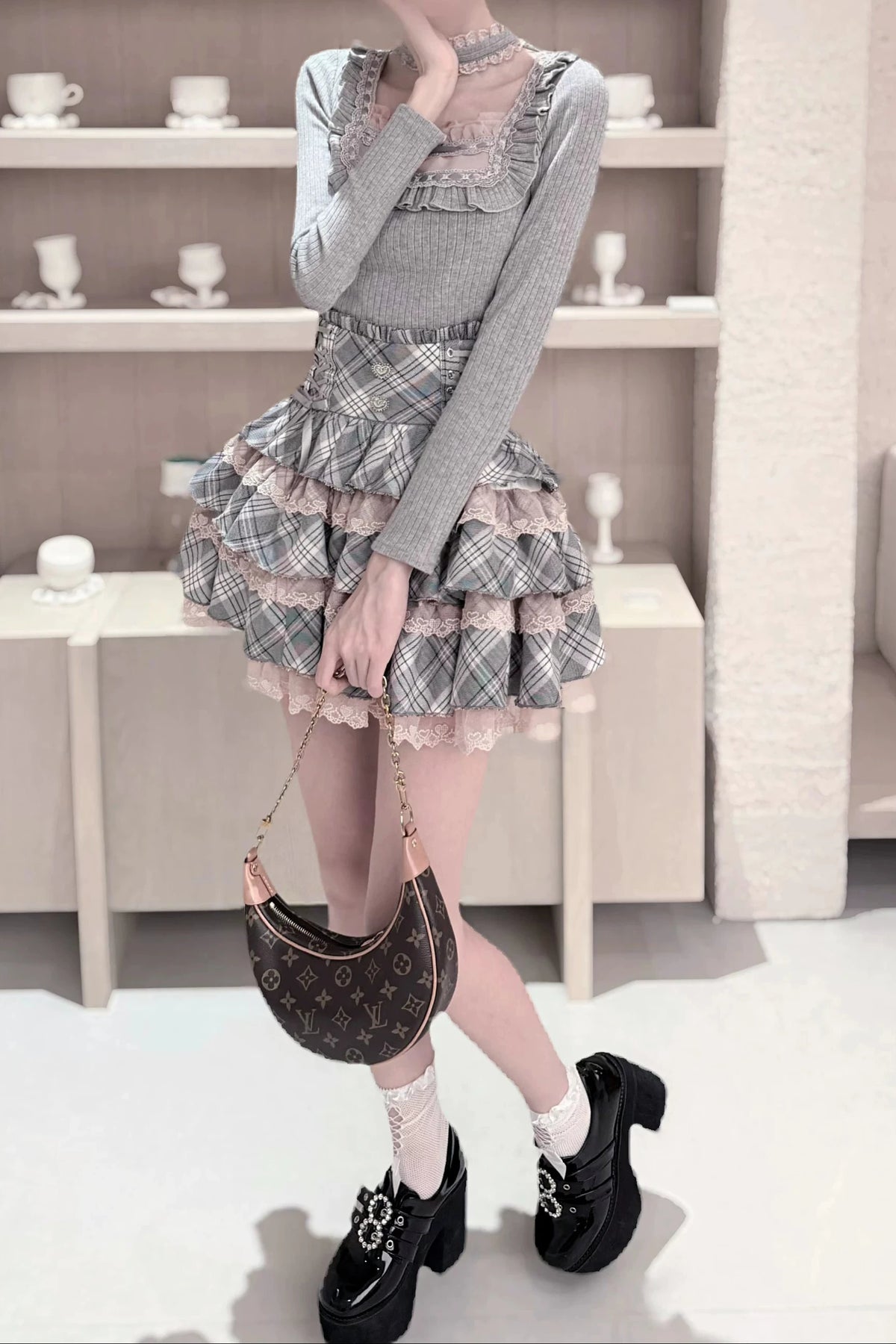 [Pre-order Deadline: October 15] Grey Pink Lace Trim Square Neck Choker Design Knit Top + Lace Trim Plaid Tiered Skirt