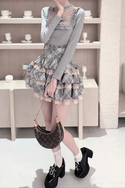 [Pre-order Deadline: October 15] Grey Pink Lace Trim Square Neck Choker Design Knit Top + Lace Trim Plaid Tiered Skirt