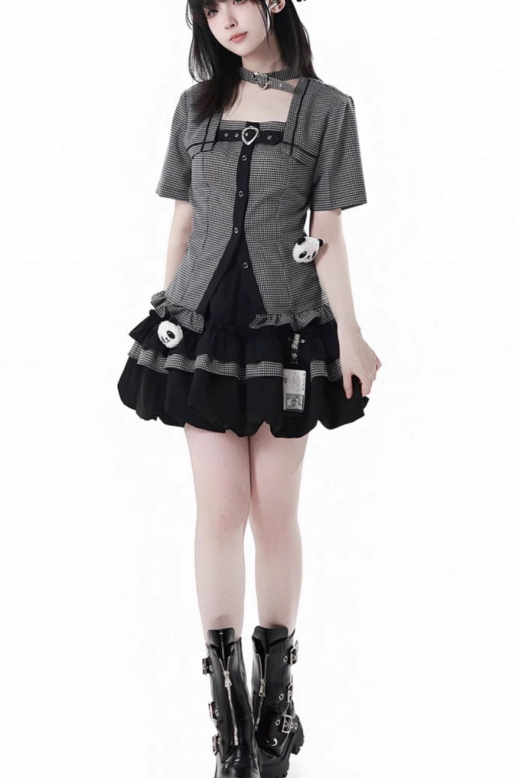 Plaid College Shirt + Shirt + Puff Skirt