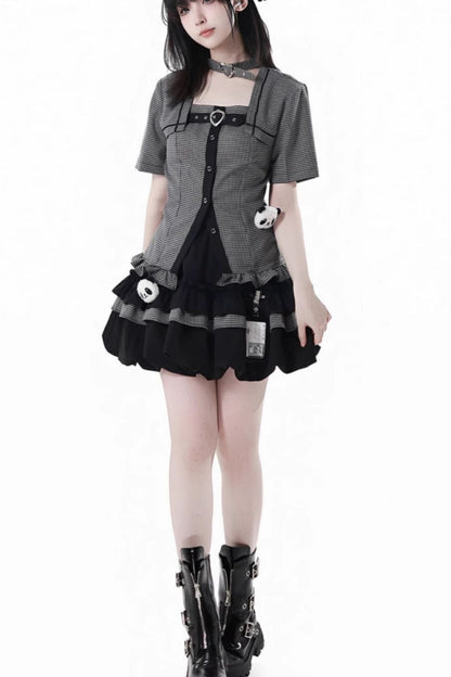 Plaid College Shirt + Shirt + Puff Skirt