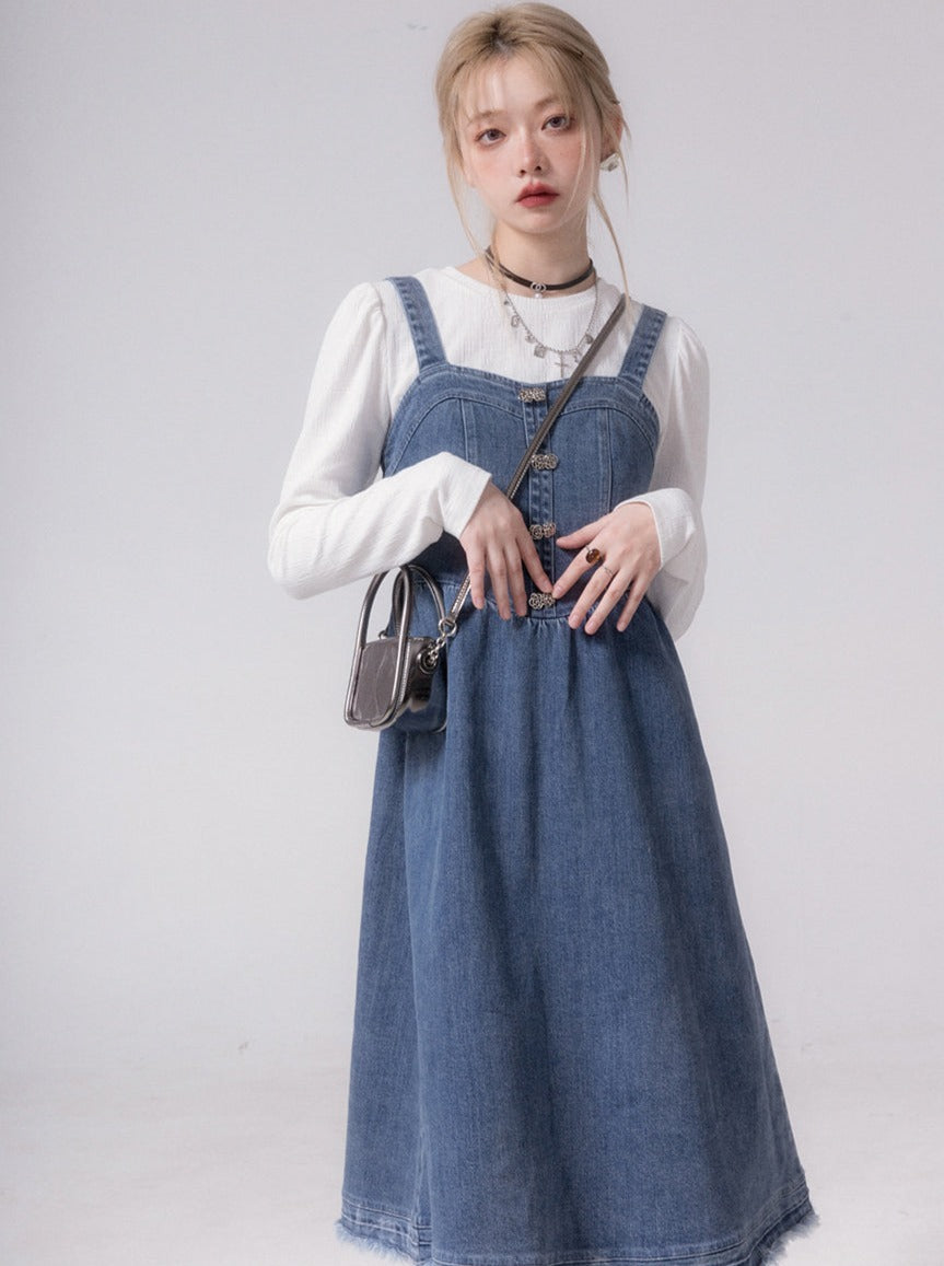 Metal buckle denim mid-length suspender skirt