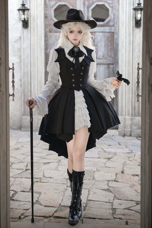 【10月29日予約締切】Gothic Vampire Butler White Lace Flare Sleeve Shirt + Bat Collar Ruffle High-Low Lolita JSK Dress Set + Jewel Bow Tie
